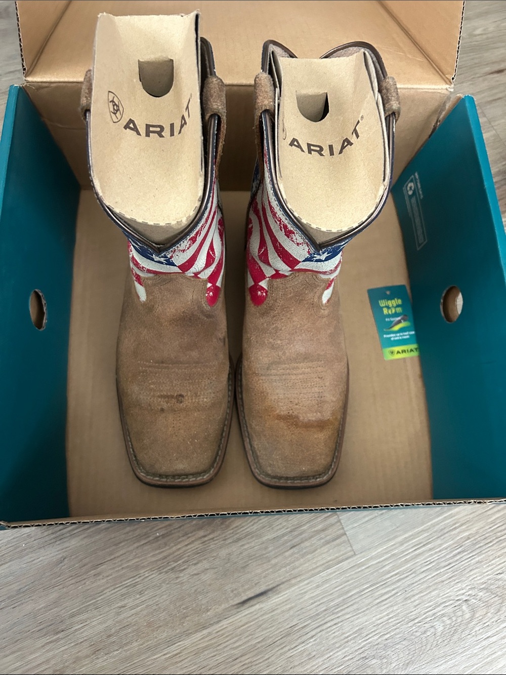 Kids Ariat Brown Suede Boots with Red, White & Blue Flag Shaft
